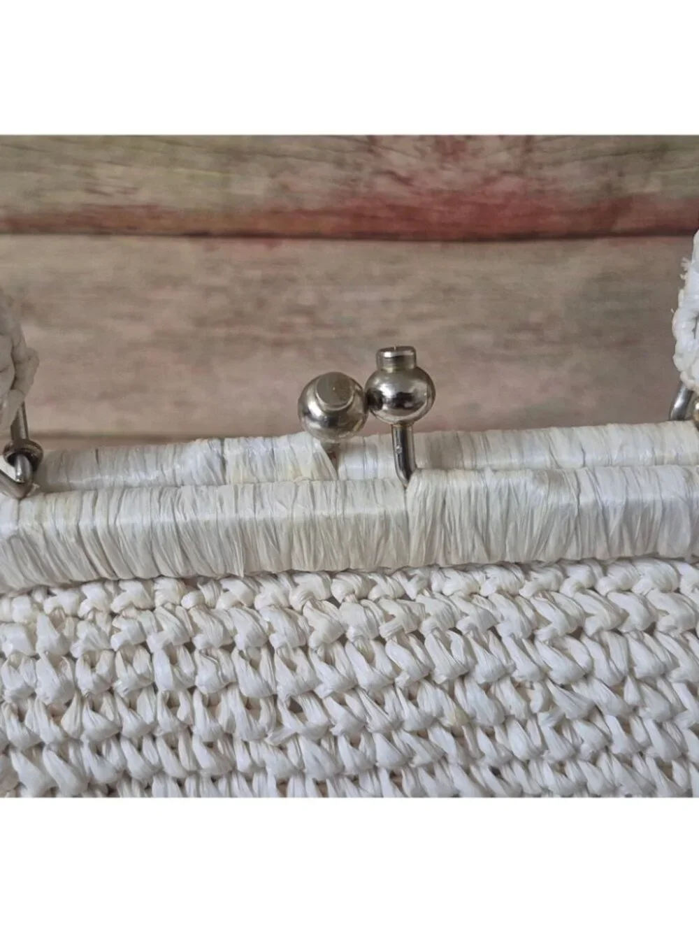 Vtg 60's Woven Raffia Ivory Straw Flower Purse Kiss Lock Closure Made In Japan
